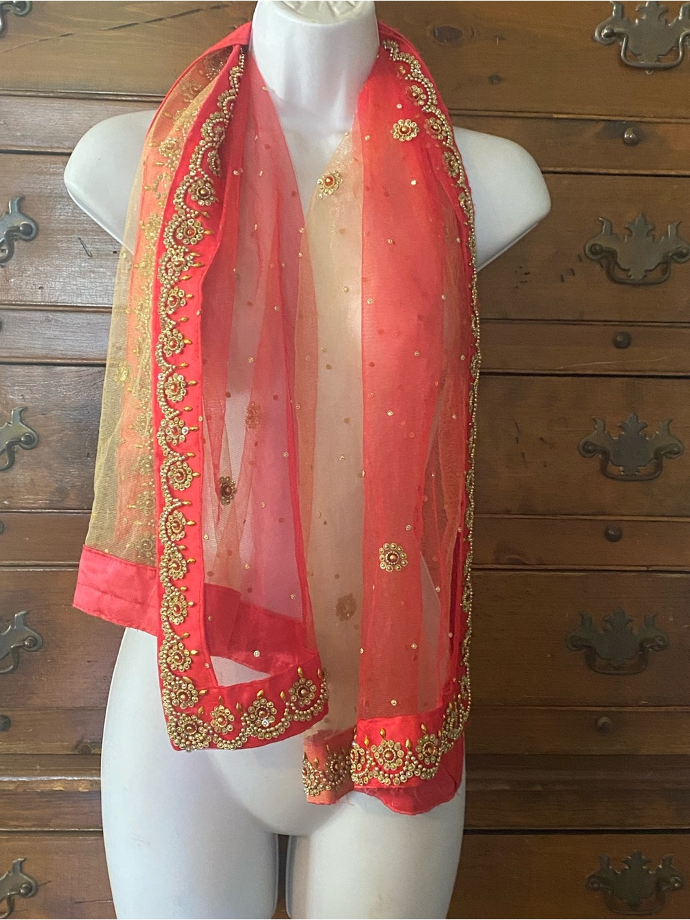 Embellished Coral and Gold Sheer Scarf or Shawl